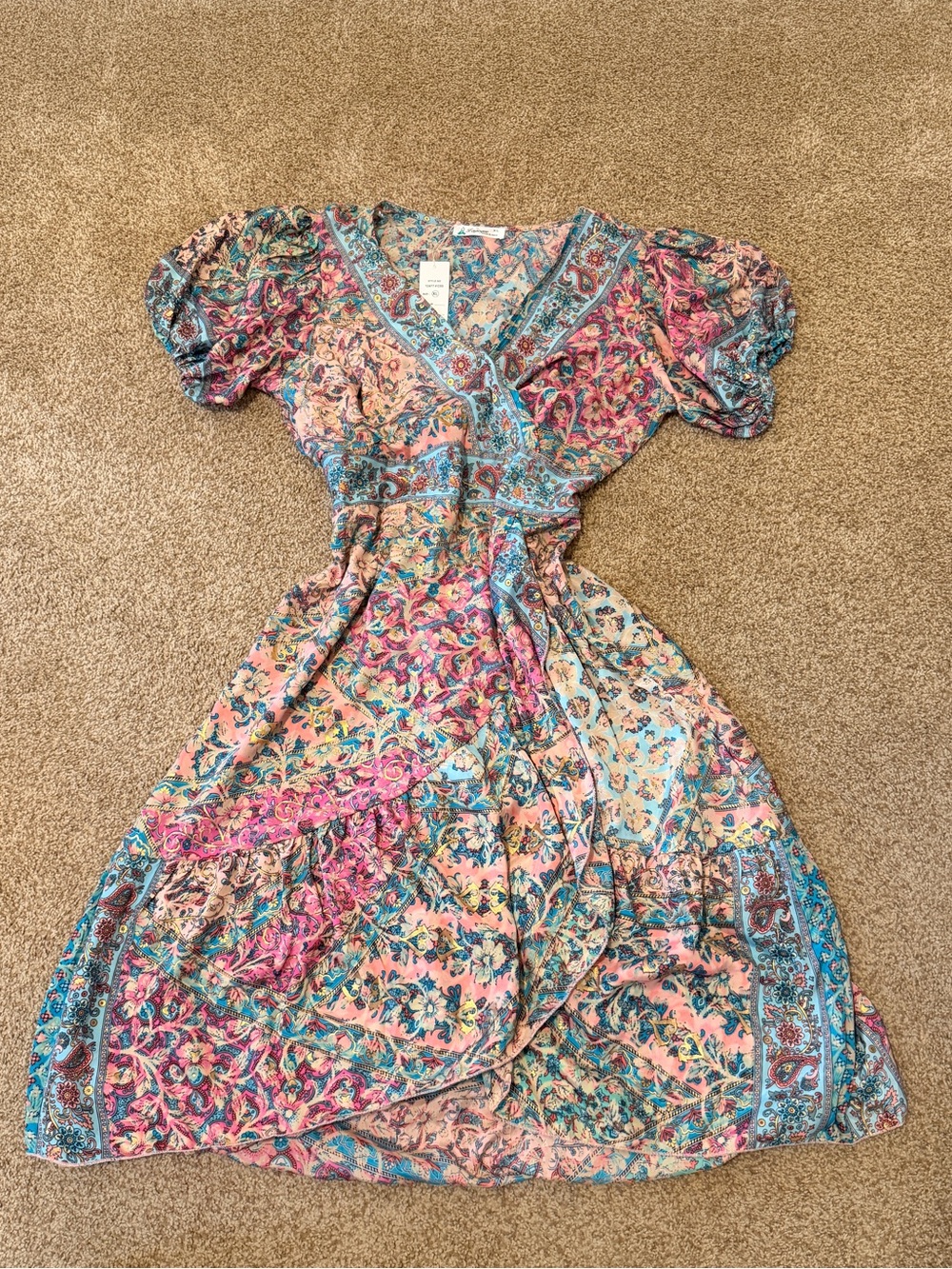 Pink and Teal Paisley Wrap Dress